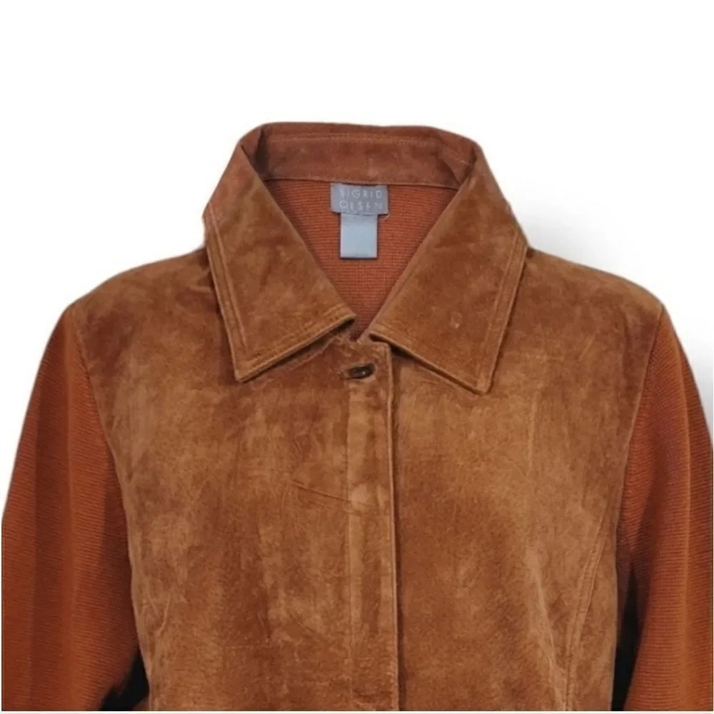 Sigrid Olsen Suede Leather and Silk Blend Knit Jacket in Pumpkin Size Medium - Picture 4 of 11